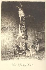 An antique print of a cat hanging upside down pretending to be dead with mice and rats beneath him exploring mousetraps